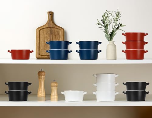 Kook Soup Crocks, Ceramic Stackable Bowls, Broil, Oven, Microwave and Dishwasher Safe, with Handles, For Casserole, Pasta, Cereal, Capacity 18 oz, Set of 4, (Matte Blue) - color: Matte Blue