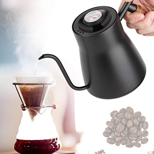 Fdit Coffee Kettle with Thermometer, 850ml Stainless Steel Drip Kettle, Wooden Handle, PTFE Coating, Black