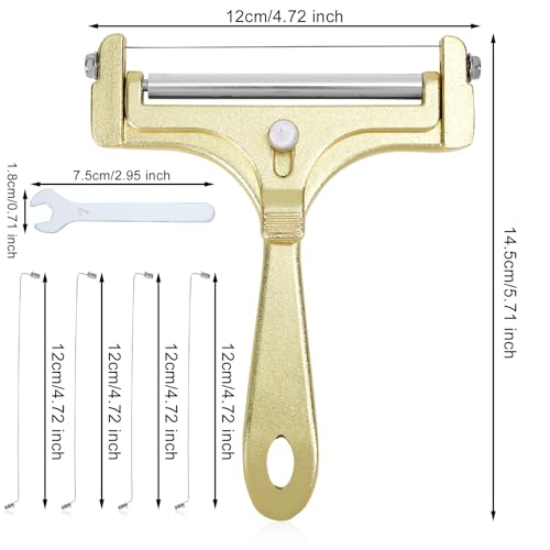 Gosknor 6pcs Cheese Slicer Kit, Stainless Steel Wire Cheese Cutter with 4 Extra Wires & Wrench Slicer Handheld Butter Cutter Food for Block Butter (Frosted Gold) - color: Frosted Gold