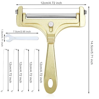 Gosknor 6pcs Cheese Slicer Kit, Stainless Steel Wire Cheese Cutter with 4 Extra Wires & Wrench Slicer Handheld Butter Cutter Food for Block Butter (Frosted Gold) - color: Frosted Gold