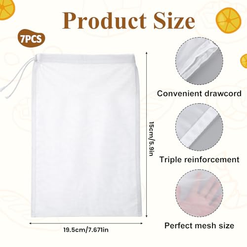 7 Pack Cheese Cloth Bags Reusable Nut Bag Strainer Fine Mesh Nut Milk Bags with Drawstring for Straining Fruit Juice Yogurt Tea Nuts Milk Coffee Cheese Kitchen Goodies (7.7×5.9 In)