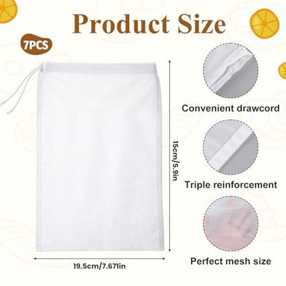 7 Pack Cheese Cloth Bags Reusable Nut Bag Strainer Fine Mesh Nut Milk Bags with Drawstring for Straining Fruit Juice Yogurt Tea Nuts Milk Coffee Cheese Kitchen Goodies (7.7×5.9 In)