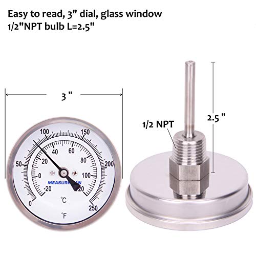 MEASUREMAN Fully Stainless Steel Pot, Kettle, Brewing Bimetal Thermometer, 3" Dial, 2-1/2" Stem, 0-250 deg F/-20-120 deg C, -1% Accuracy, Adjustable, 1/2" NPT Back Mount - size: 0-250 deg F/-20-120 deg C, style: 2-1/2" Stem