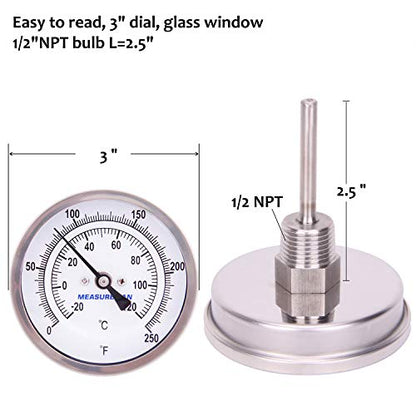 MEASUREMAN Fully Stainless Steel Pot, Kettle, Brewing Bimetal Thermometer, 3" Dial, 2-1/2" Stem, 0-250 deg F/-20-120 deg C, -1% Accuracy, Adjustable, 1/2" NPT Back Mount - size: 0-250 deg F/-20-120 deg C, style: 2-1/2" Stem