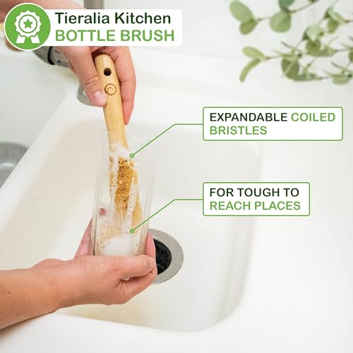 Tieralia Bamboo Dish Brush Gift Set – 5-Piece Kitchen Cleaning Set with Bottle Brush, Round Scrub Brush, Palm Brush & 2 Plant-Based Sponges | Wooden Handle Cleaning Tools for Dishes & Surfaces