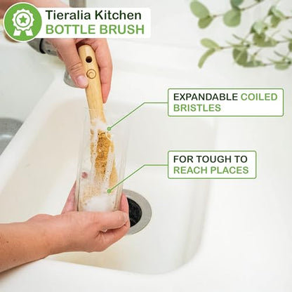 Tieralia Bamboo Dish Brush Gift Set – 5-Piece Kitchen Cleaning Set with Bottle Brush, Round Scrub Brush, Palm Brush & 2 Plant-Based Sponges | Wooden Handle Cleaning Tools for Dishes & Surfaces