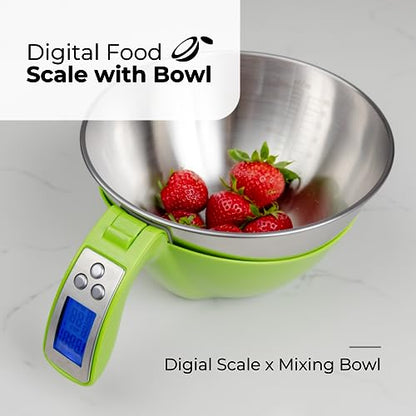 Fradel Digital Kitchen Food Scale with Bowl - 11lb, Grams & Ounces - Removable, Dishwasher-Safe Mixing Bowl - Green - color: Green