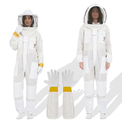 ANDES 3-Layer Mesh Ventilated Bee Suit with 2 Veils & Goatskin Gloves,S | Professional Full Body Sting-Proof Beekeeper Suit, Unisex for Beginners & Commercial Beekeepers - size: Small