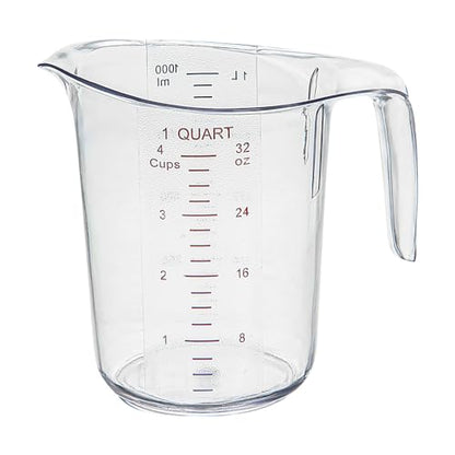 Restaurantware RW Base 1 Quart Measuring Jar 1 Durable Measuring Beaker - Metric And Imperial Units V-Shaped Spout Clear Plastic Measuring Cup Handle With Thumb-Grip Tolerates Up To 248F - color: Clear, size: 6.50" × 4.75" × 6.00"
