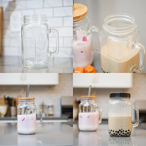 32 oz Wide Mouth Glass Drinking Jar with Handle | Iced Coffee Cup | Includes 2 Lids, 2 Silicone Straws, 2 Stainless Steel Straws, 20 Reusable Ice Cubes, Cleaning Brush & Recipe Book.