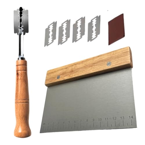 Basic Multi-Purpose Stainless Steel Scraper/Pizza Cutter/Spice Cutter/Premium Bread Knife/Dough Scoring Knife/Baking Accessories/Wooden Handle Contour Handle, 6 Inch, Natural Wood Color