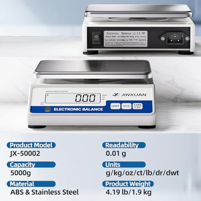 Digital Lab Scale 0.01g Accuracy 5000g Analytical Balance Scale Precision Scale for Weighing Gold Silver Jewelry Diamond Powder Grain Food, Electronic Gram Scale with 500g Weight, LCD Display, 7units - style: 5000gx0.01g
