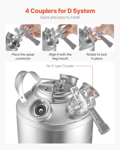 VEVOR Cleaning Keg, 5 Gallon/19L Keg Line Cleaning Kit with 4 D Coupler Connections & Rubber Base, Beer Lines Cleaner Used for Beer Line Cleaning, 304 Stainless Steel Kegerator Beers Lines Cleaner Kit - size: 5 Gal - Cleaning Keg