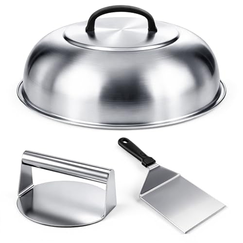 3 Pcs Smash Burger Kit 12" Cheese Melting Cover and 8.5" Burger Press with Grill Spatula Basting Cover, Stainless Steel Hamburger Turner, Melting Dome, Accessories Kit for BBQ Kitchen