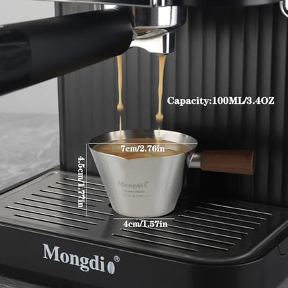 Mongdio Espresso Measuring Cup, Stainless Steel Espresso Shot Cups with Wooden Handle and Double Spouts, 3.4OZ/100ML, Silver - color: Silver, size: 3.4oz