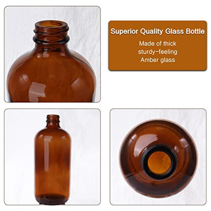 12 Pack 16 oz Amber Boston Round Glass Bottles with Black Caps for Secondary Kombucha Fermentation and Lab Chemicals (2 Funnels and 20 Pieces Black Chalkboard Labels Included)