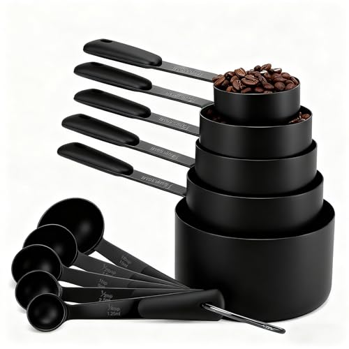 Bopei Measuring Cups and Spoons Set, Titanium-Plated Matte Black Stainless Steel 10 Piece for Cooking and Baking (5 Cups + 5 Spoons All Black) - color: All Black