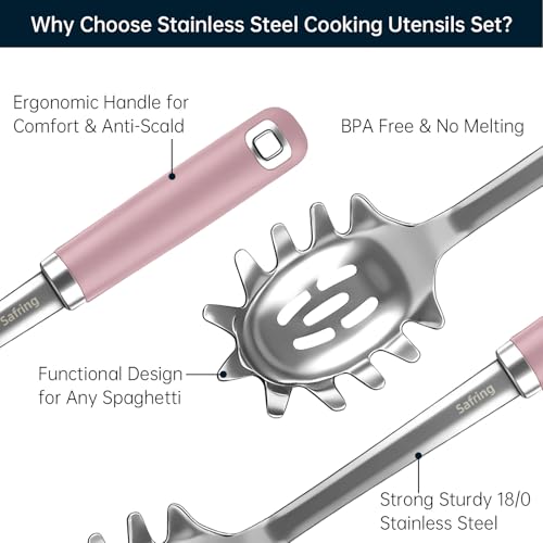 Safring Stainless Steel Soup Ladle and Spaghetti Spoon Set, Heat Resistant Rubber Handle, Dishwasher Safe, Kitchen Utensils for Cooking, Stirring, Serving Pasta, Soup & Sauce (Pink) - color: Pink