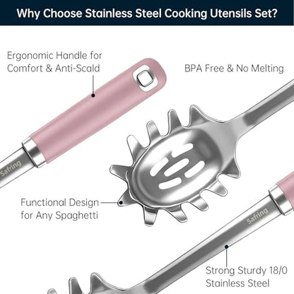Safring Stainless Steel Soup Ladle and Spaghetti Spoon Set, Heat Resistant Rubber Handle, Dishwasher Safe, Kitchen Utensils for Cooking, Stirring, Serving Pasta, Soup & Sauce (Pink) - color: Pink