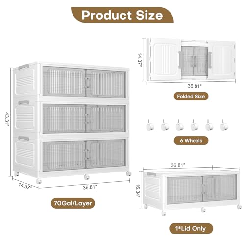 Extra Large Stackable Storage Bins with Lid, 210Gal/840QT Foldable Collapsible Storage Box with Doors, Wheels and Drawers, Plastic Closet Organizer Container for Kitchen, Bedroom, Dorm, 3Pack - size: 70Gal-3Pack