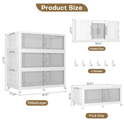 Extra Large Stackable Storage Bins with Lid, 210Gal/840QT Foldable Collapsible Storage Box with Doors, Wheels and Drawers, Plastic Closet Organizer Container for Kitchen, Bedroom, Dorm, 3Pack - size: 70Gal-3Pack