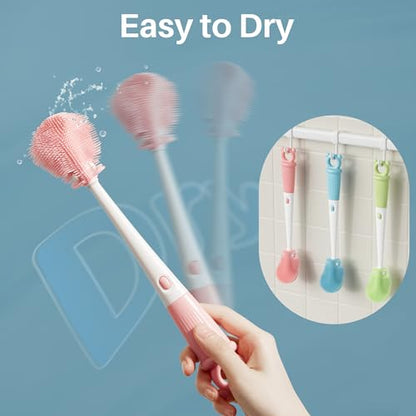 JOYMOOP Silicone Bottle Brush & Straw Cleaner Brush Set, Multi-Functional Bottle Washer for Sports Water Bottle,Glassware,Vase,and Narrow Neck Containers,Pink