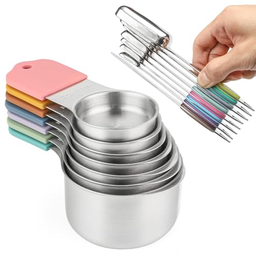 Magnetic Measuring Cups and Spoons Set, 7 Stainless Steel Measuring Cups and 7 Rectangular Metal Teaspoon with 1 Leveler for Cooking & Baking (Colorful) - color: Colorful
