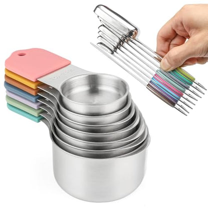 Magnetic Measuring Cups and Spoons Set, 7 Stainless Steel Measuring Cups and 7 Rectangular Metal Teaspoon with 1 Leveler for Cooking & Baking (Colorful) - color: Colorful