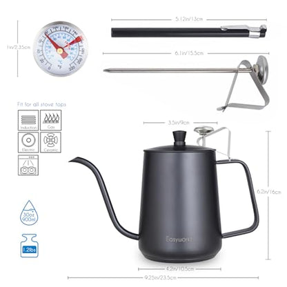Easyworkz Gooseneck Pour Over Coffee Kettle 30 fl oz with Thermometer Stainless Steel Hand Drip Coffee Pot With Long Narrow Spout,Suitable for Induction Cookers - color: Black