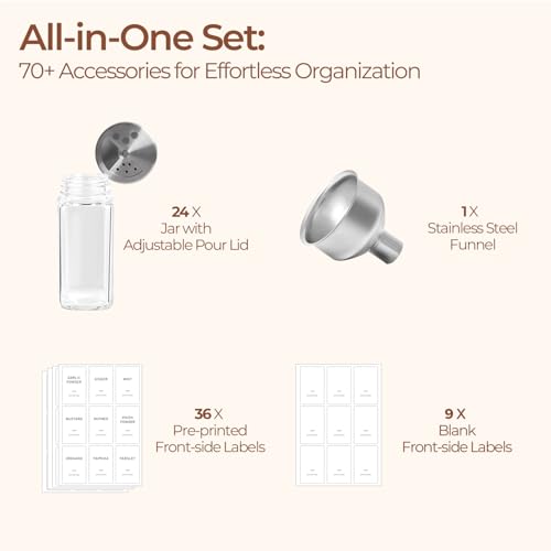 ComSaf Glass Spice Jars with Shaker Lids 4 oz 24 Pack Small Square Bulk Set | Labels, Seasoning Herbs Powders, Salt Pepper Chili, Spice Rack Organization, Kitchen Cabinet Storage, Funnel Included - color: Silver Lids