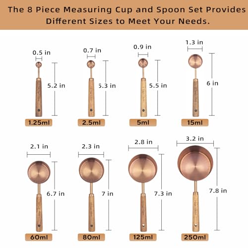 Measuring Cups and Spoons Set of 8, Stainless Steel Measuring Cup with Wooden Handle, Kitchen/Food/Liquid/Baking (Copper) - color: Copper