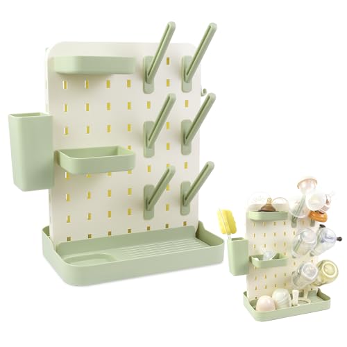 Baby Bottle Drying Rack Space Saving Countertop Vertical Rack with Brushes Holder (Green) - color: Green