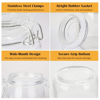 Flrolove 32oz Set of 4 Glass Kitchen Storage Canister Mason Jars with Lids | Airtight Glass Canister with Hinged Lid, Perfect for Kitchen Canning Cereal, Pasta, Sugar, Coffee Beans, Label & Chalk Marker - size: 32oz*4-round