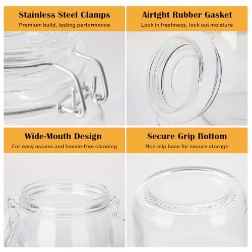 Flrolove 32oz Set of 4 Glass Kitchen Storage Canister Mason Jars with Lids | Airtight Glass Canister with Hinged Lid, Perfect for Kitchen Canning Cereal, Pasta, Sugar, Coffee Beans, Label & Chalk Marker - size: 32oz*4-round