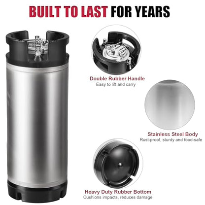 New 5 Gallon Keg Corny Keg, Stainless Steel Cornelius Keg with Ball Lock Keg Fittings, 5 Gallon Beer Keg with Dual Rubber Handle, Ball Lock Keg for Home Brewing