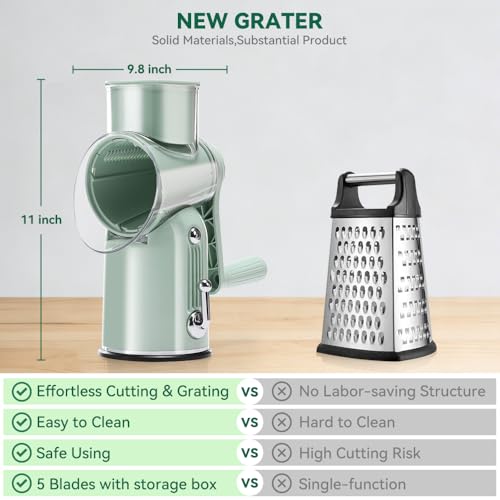KEOUKE Rotary Cheese Grater 5 in 1 Green - Hand Crank Vegetable Cutter, Shredder, Slicer, Enlarge Input, Suction Base, Labor-Saving Handle, Blade Storage Box, for Onion, Potato, Vegetable, Nuts, etc - color: Green