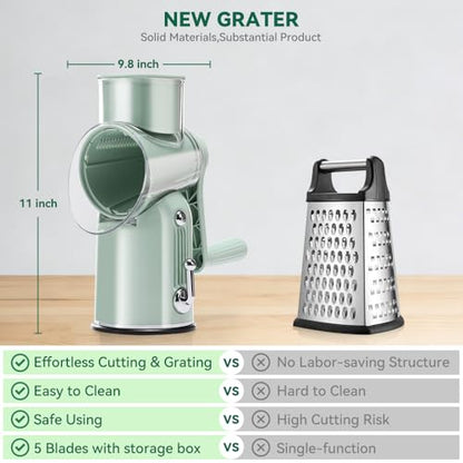 KEOUKE Rotary Cheese Grater 5 in 1 Green - Hand Crank Vegetable Cutter, Shredder, Slicer, Enlarge Input, Suction Base, Labor-Saving Handle, Blade Storage Box, for Onion, Potato, Vegetable, Nuts, etc - color: Green