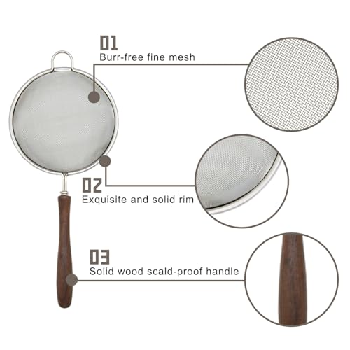 3 Set Mesh Strainer for Kitchen, Colander Skimmer 304 Stainless Steel with Wooden Handle, Sieve Sifters for Food, Tea, Rice, Oil, Noodles, Fruits, Vegetable