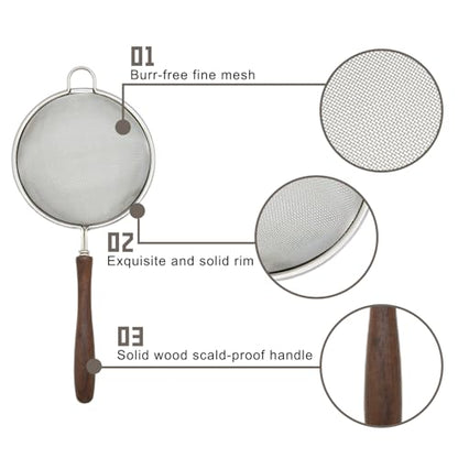 3 Set Mesh Strainer for Kitchen, Colander Skimmer 304 Stainless Steel with Wooden Handle, Sieve Sifters for Food, Tea, Rice, Oil, Noodles, Fruits, Vegetable
