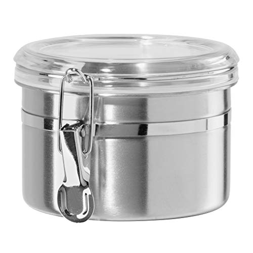 Oggi Stainless Steel Kitchen Canister 26 fl oz - Airtight Clamp Lid, Clear See-Thru Top - Ideal for Kitchen Storage, Food Storage, Pantry Storage. Size 5" x 3.5". - color: Stainless Steel, size: 26 Fluid Ounces, style: Airtight Canister