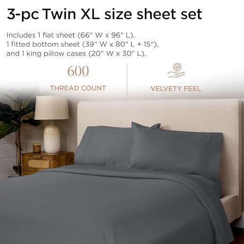 Threadmill 100% Cotton Sheets for Twin XL Size Bed - 600 Thread Count Twin XL Bed Sheets Set with 15” Deep Pocket - Sateen Weave 3-Piece Bedding Set with Cooling Effect, Dark Grey - color: Dark Grey Solid, size: Twin XL