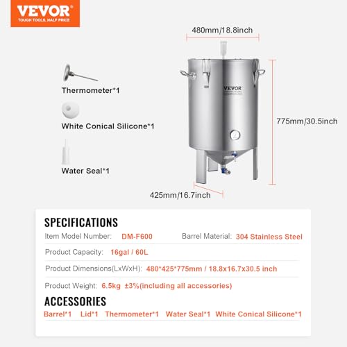 VEVOR Fermentation Tank 16 Gal,Stainless Steel Beer Brew Fermentor, Brew Bucket Fermentor for Home Brewing with Conical Base Brewing Equipment - size: 16 Gal-Fermenter1.0