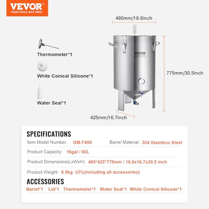 VEVOR Fermentation Tank 16 Gal,Stainless Steel Beer Brew Fermentor, Brew Bucket Fermentor for Home Brewing with Conical Base Brewing Equipment - size: 16 Gal-Fermenter1.0