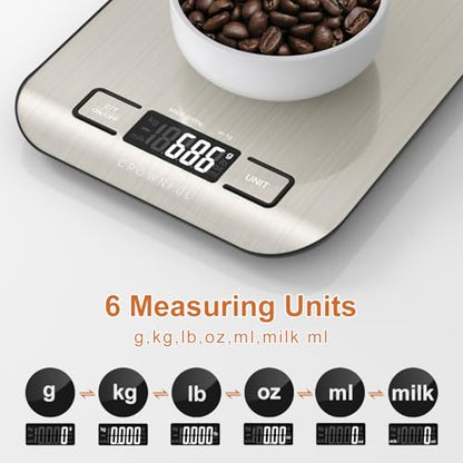 CROWNFUL Food Scale, 11 lb Digital Kitchen Scales with Built-in Coin Battery, Weight Ounces and Grams for Cooking and Baking, 6 Units with Tare Function, LCD Display, 304 Stainless Steel - size: Medium