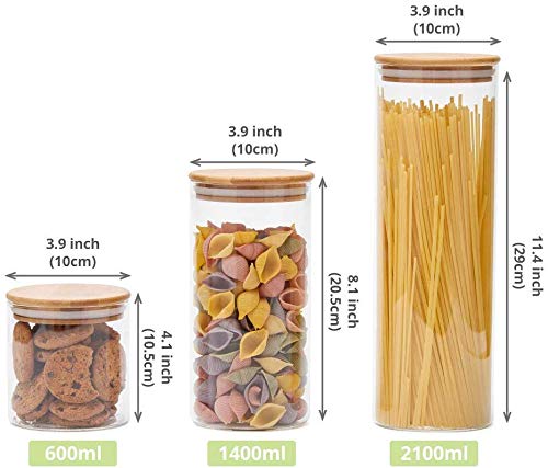 LEAVES AND TREES Y Stackable Kitchen Canisters Set, Pack of 5 Clear Glass Food Storage Jars Containers with Airtight Bamboo Lid for Candy, Cookie, Rice, Sugar, Flour, Pasta, Nuts - color: Round-3.9 IN-5Pack