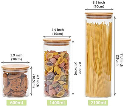 LEAVES AND TREES Y Stackable Kitchen Canisters Set, Pack of 5 Clear Glass Food Storage Jars Containers with Airtight Bamboo Lid for Candy, Cookie, Rice, Sugar, Flour, Pasta, Nuts - color: Round-3.9 IN-5Pack