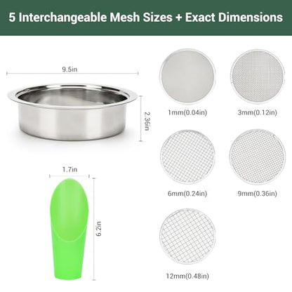 5-Piece Stainless Steel Soil Sifter Set with 1/3/6/9/12mm Mesh Screens - Heavy Duty Garden Sifter for Composting, Potting Mix & Seed Starting - Rust-Proof Soil Sieve & Sifting Pan