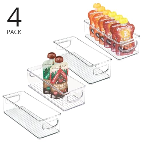 mDesign Plastic Stackable Small Organizing Bin Kitchen Pantry Cabinet, Refrigerator, Freezer Food Organization Storage Bins with Handles, Drawer Container Organizer, Ligne Collection, 4 Pack - Clear - size: 10 x 4 x 3