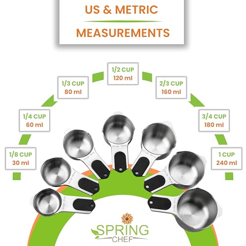Spring Chef Magnetic Measuring Cups & Spoons Set (Patent Pending), Strong N45 Magnets, Heavy Duty Stainless Steel Fits in Spice Jars for Baking & Cooking, BPA Free, Round Set of 15 with Leveler, Black
