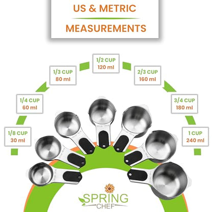 Spring Chef Magnetic Measuring Cups & Spoons Set (Patent Pending), Strong N45 Magnets, Heavy Duty Stainless Steel Fits in Spice Jars for Baking & Cooking, BPA Free, Round Set of 15 with Leveler, Black